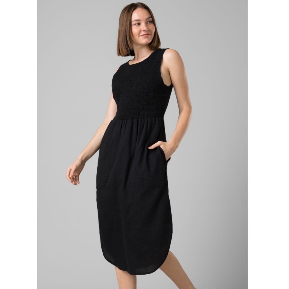 Prana Black Organic Cotton Smocked Midi Dress‎ Sleeveless Pockets 1973341 Mens M